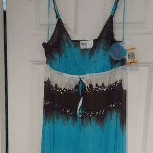 INC Beach Teal and Brown Spaghetti Strap Maxi Cover-up Size S